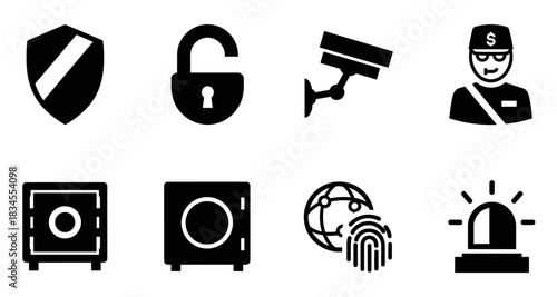 Collection of black security and finance icons representing protection and surveillance, including a shield, lock, camera, guard, safe, fingerprint, and alarm siren