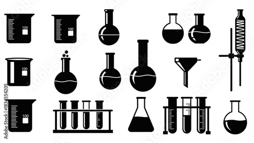 Collection of black laboratory glassware icons including beakers, flasks, test tubes, and a condenser for scientific experiments, presented in a clean, graphic silhouette style