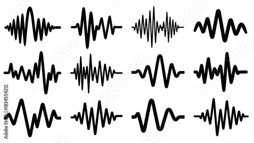 Collection of twelve black sound wave icons showing various audio signals, voice patterns, and music frequencies in a minimalist graphic design illustration set