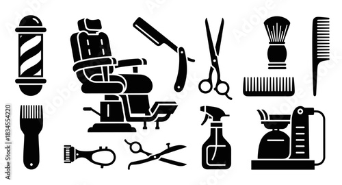 Black barbershop and hairdressing tool icons set including a chair, razor, scissors, comb, and pole in a minimalist graphic silhouette style for professional salon services