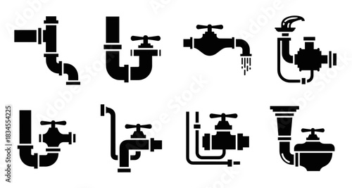 Black plumbing pipe and valve icons set showing various water system components like faucets, tubes, and fittings in a simple graphic silhouette style for engineering concepts