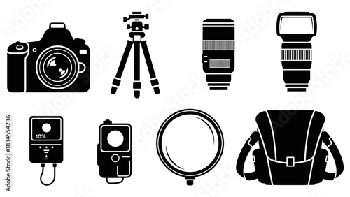 Professional photography equipment icon collection with a camera, tripod, lens, flash, light meter, reflector, and backpack shown as black minimalist silhouettes
