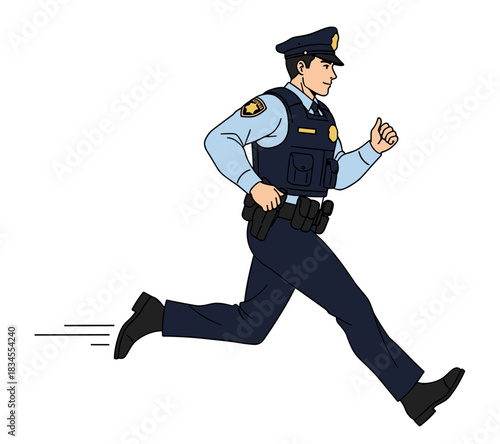 Cartoon police officer in a blue uniform and tactical vest is depicted running in profile, conveying a sense of urgency and action during a law enforcement pursuit