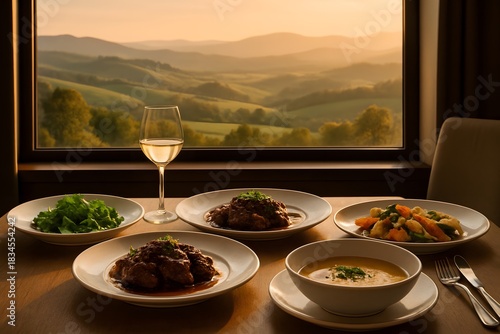 Elegant Dinner Setting with Multiple Courses and Verdant Landscape View food meal