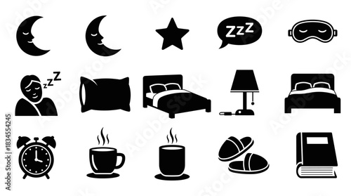 Large set of black sleep-related glyph icons showing a bed, moon, pillow, alarm clock, and other night routine symbols in a simple, flat graphic style