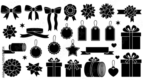 Large collection of black gift wrapping element silhouettes featuring various present boxes, decorative bows, festive ribbons, and blank tags for holiday or birthday celebrations