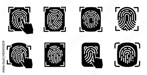Set of black fingerprint scanner icons showing various biometric identification and authentication symbols for security access, including a hand touching the sensor in a flat glyph style