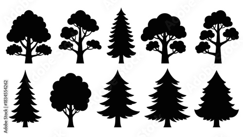 Collection of various black tree silhouettes, featuring both coniferous fir and pine trees alongside deciduous leafy trees in a simple, flat graphic vector illustration style
