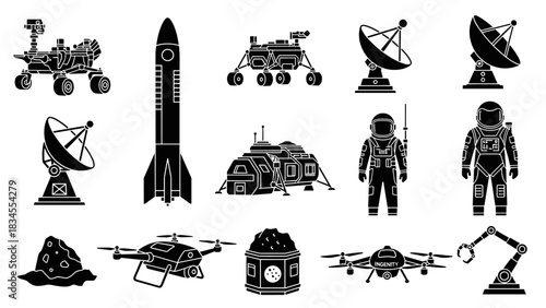 Collection of black space exploration icons in a flat glyph style, featuring a rover, astronaut, rocket, drone, and satellite dish for scientific missions and planetary research