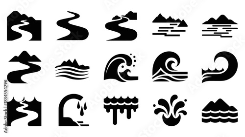 Set of fifteen black silhouette icons representing various water forms like winding rivers, ocean waves, splashes, and mountain lakes in a clean, graphic vector style