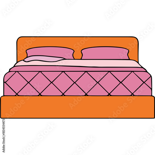 A Cozy Orange Bed with Pink and White Linens and Two Pillows in a Simple Illustration Style