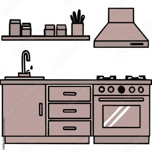 A Clean Line Drawing Kitchen Countertop With A Stove Sink And Range Hood In A Minimalist Style Featuring Two Shelves Above With Jars And Utensils On Display And A Soft Beige Color Palette