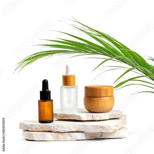 Natural Skincare Set with Bamboo and Glass Bottles on Stone Slab  Eco Beauty Mockup