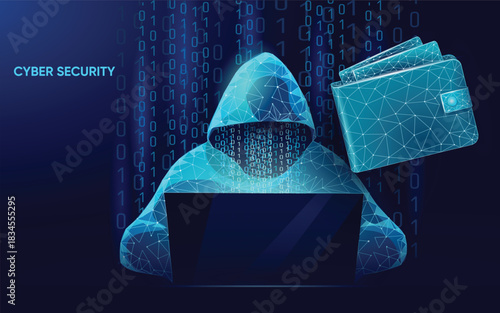 Cyber Security Hacker. Low Poly Silhouette and Crypto Wallet Vector