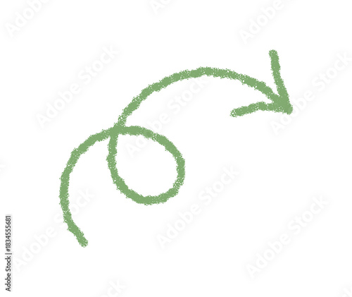 Hand drawn wavy arrow in green crayon with a chalk stroke forms a unique pointer icon. Swirl element adds dynamic form and playful style, ideal as creative accent and graphic element.