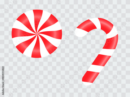 Realistic Christmas candy cane on a transparent background. Christmas vector illustration for holiday banners, cards, party posters. Eps 10