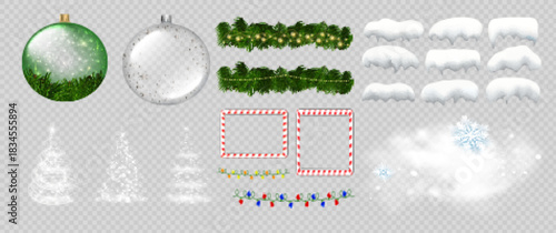 Set of Christmas elements on a transparent background. Christmas ornaments. Christmas ball, candy, tree, garlands. Snow caps, snowstorm, snow. Holiday decor. Vector illustration