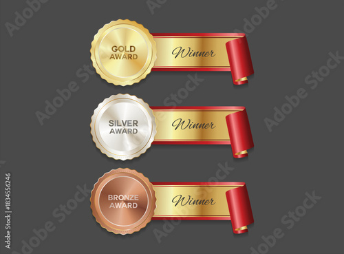 Award golden, silver and bronze blank medals 3d vector realistic illustration. Realistic medal set. Medal icon collection. First, second and third place medals or buttons 