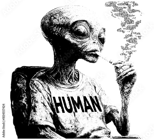 Smoking Alien Vector, Surreal Retro Engraving of Extraterrestrial in “HUMAN” Shirt, Black White Illustration