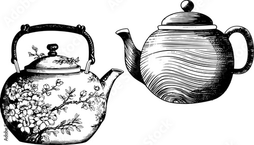 Vintage Teapot Vector Set, Retro Engraving Kettle Illustrations, Floral and Wooden Style Black White Art