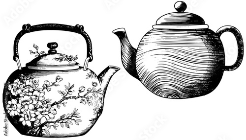 Vintage Teapot Vector Set, Retro Engraving Kettle Illustrations, Floral and Wooden Style Black White Art