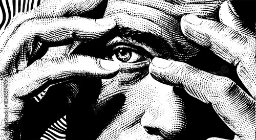 Psychedelic Stress Portrait Vector, Retro Engraving Face with Hands and Hypnotic Eye, Black White Halftone Illustration