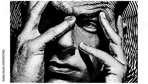 Dramatic Engraving Portrait Vector, Psychological Stress Expression, Black White Halftone Illustration