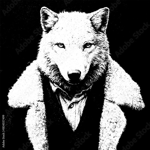 Vintage Wolf Gentleman Vector, Anthropomorphic Animal Portrait in Retro Engraving Black White Illustration