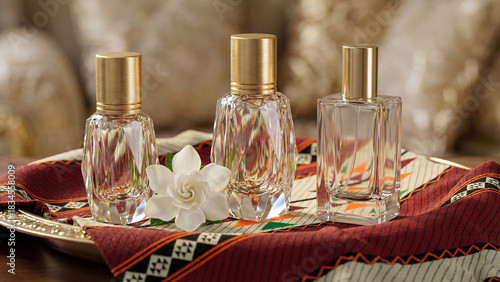 Luxury crystal oud perfume bottles with gold caps arranged on traditional Sadu patterned tray with white gardenia flower