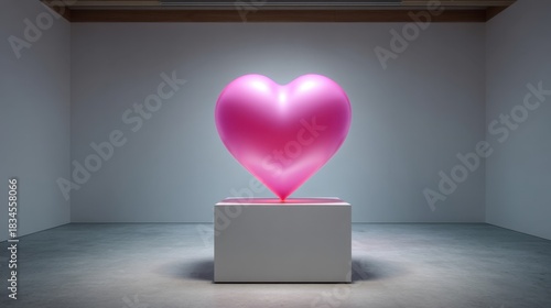 Vibrant Pink Heart Sculpture Illuminated in Modern Gallery Space with Soft Shadows and Minimalist Background
