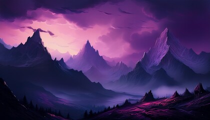 Leinwandbilder Aubergine dark eerie landscape with jagged peaks under a purple sky evoking a mysterious atmosphere  © Ina
