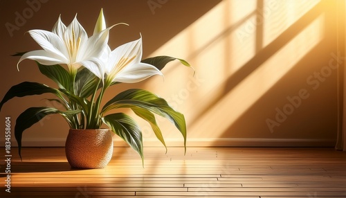 peace lily in sunlight a serene interior featuring contrasting shadows and golden wooden floor