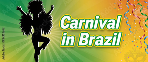 Carnival in Brazil celebration with vibrant colors and energetic dancer silhouette. Carnival atmosphere includes festive decorations and lively movements that capture the spirit of celebration.