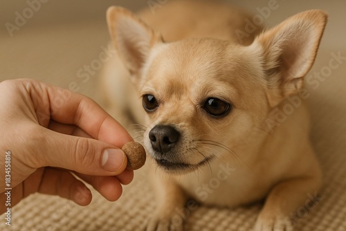 Dog Supplement Feeding Close-Up on Beige Mat