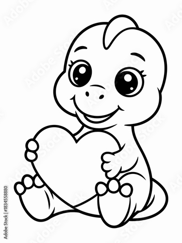 cute dino coloring page with a heart for Valentine's Day for kids