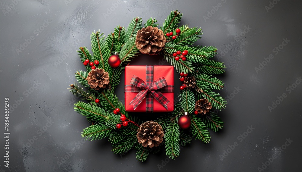 © Muammar - Overhead view of a festive Christmas wreath with a red gift box, pinecones, and berries on a dark background, conveying a merry Christmas mood with warm, earthy tones.