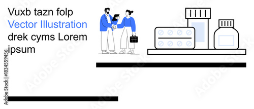 Healthcare, medical consultation, pharmaceuticals, teamwork, medication services, industry concept. Two professionals discussing ideas with pharmaceutical products displayed. Healthcare and medical