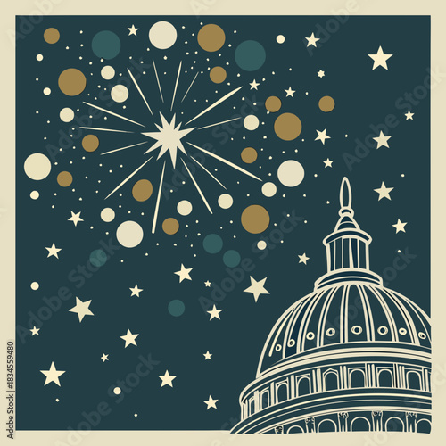 Capitol Dome Vector with Fireworks Starry Sky | Patriotic Architecture Celebration Graphic