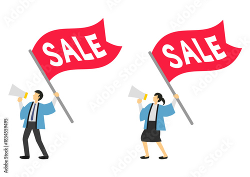 saleの赤い旗とメガホンを持つ水色の法被を着た男性と女性の販売員のセット
