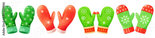Set of Christmas gloves illustrations with snowflake patterns on transparent background, PNG image