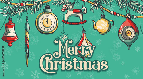 Festive vintage Christmas banner with retro ornaments, rocking horse, clock, teapot, bell, and snowflakes hanging from pine branches on a teal background. Ideal for holiday projects and winter themes.