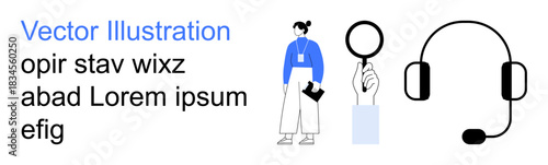 Customer service, teamwork, remote work, communication, search, support tools. A person with a clipboard, headset and magnifying glass . Customer service and communication concepts