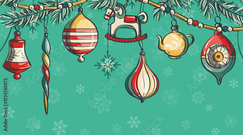 Vintage Christmas Ornaments Hanging on Garland