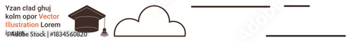 Education, academic achievement, cloud storage, online learning, document formatting, graduation. A graduation cap, cloud and horizontal lines. Education and academic achievement theme