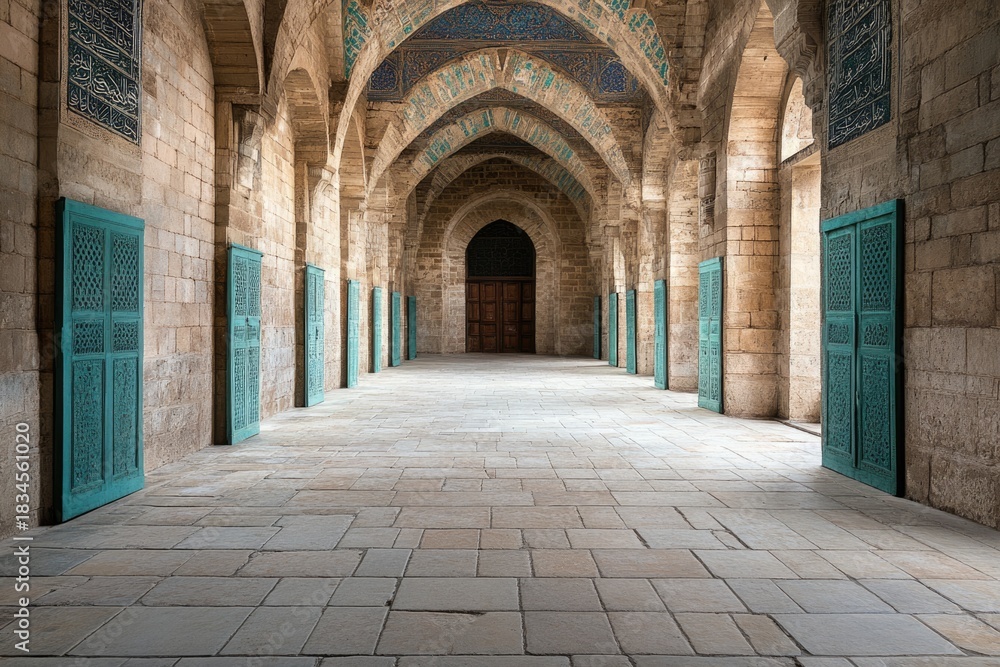 Obraz premium Soft-Lit Mosque Hall with Visitors Praying and Reflecting Together