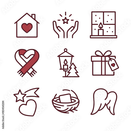 Christmas charity icon set with home heart and helping hands