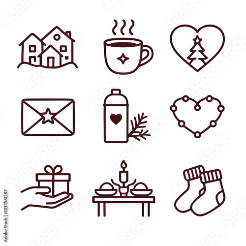 Warm Christmas icon set with home heart wreath and candlelight