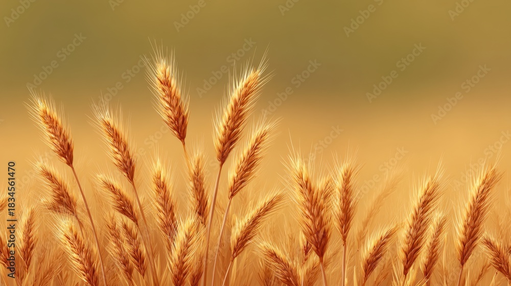 Naklejka premium Golden Wheat Field at Sunrise with Soft Focus Background, Capturing the Essence of Nature's Serenity and Agricultural Abundance in a Rural Landscape