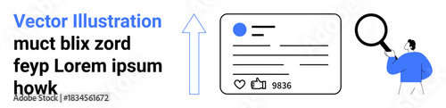 Social media growth, digital marketing, online analytics, content engagement, user interaction, profile management. Visual shows an upward arrow, a profile card, and a person with a magnifying glass