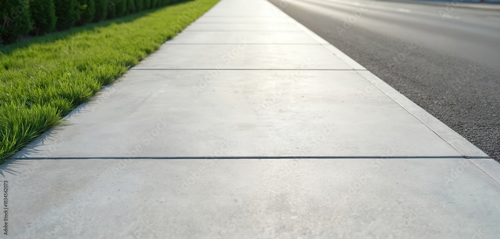 Obraz premium Clean grey sidewalk next to green grass and asphalt road. The pathway leads into the distance with a vanishing point effect. Suitable for urban planning, transport, or suburban lifestyle concepts.